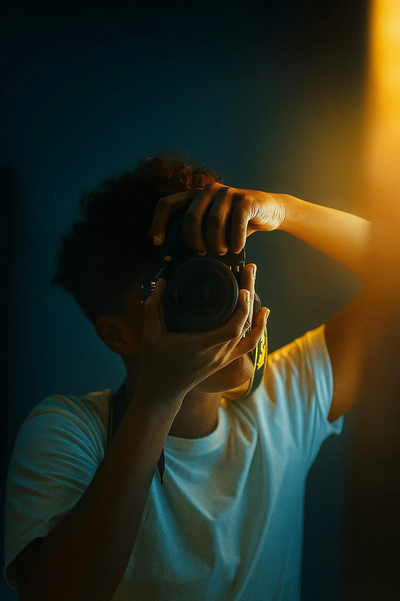 A photographer holding a camera across their face in warm, low light.