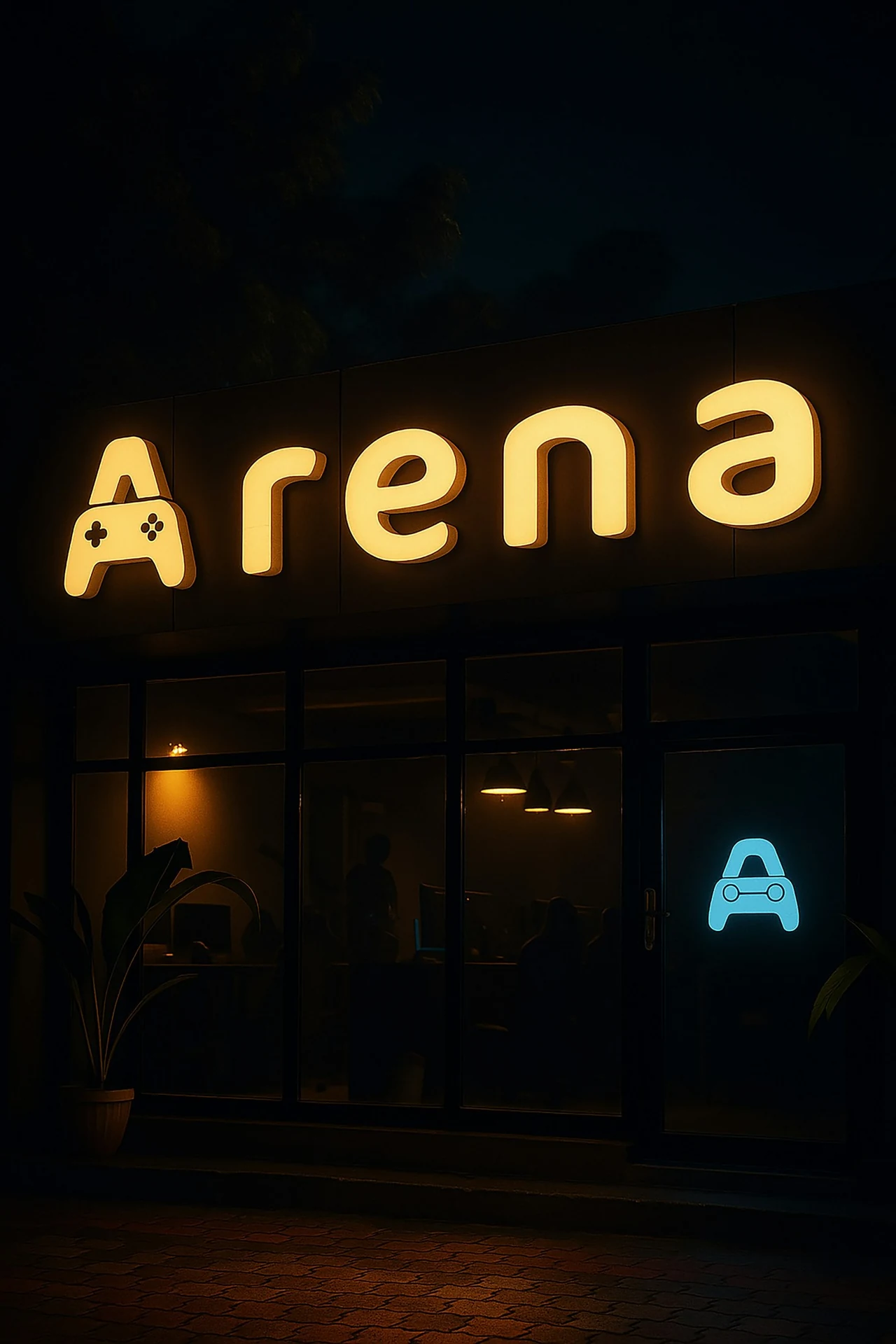 Illuminated Arena lettering above a dark entrance at night.