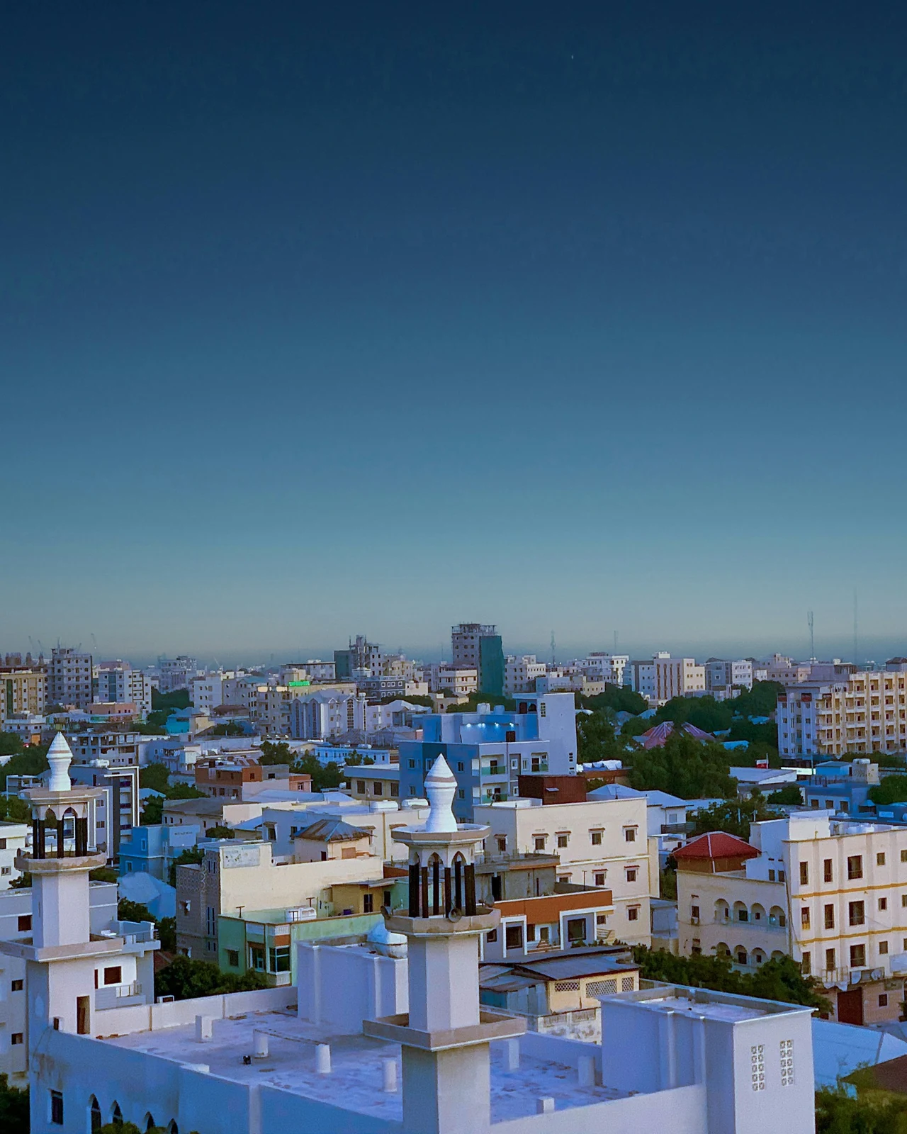 A wide city view across the rooftops of Mogadishu beneath a blue sky.